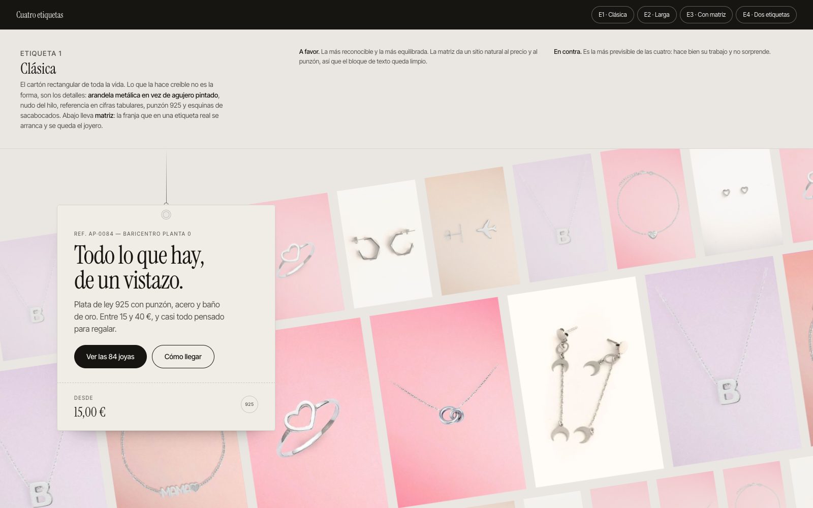 Cuatro etiquetas de joyería colgadas sobre las bandas de producto: clásica, larga, con matriz y dos etiquetas