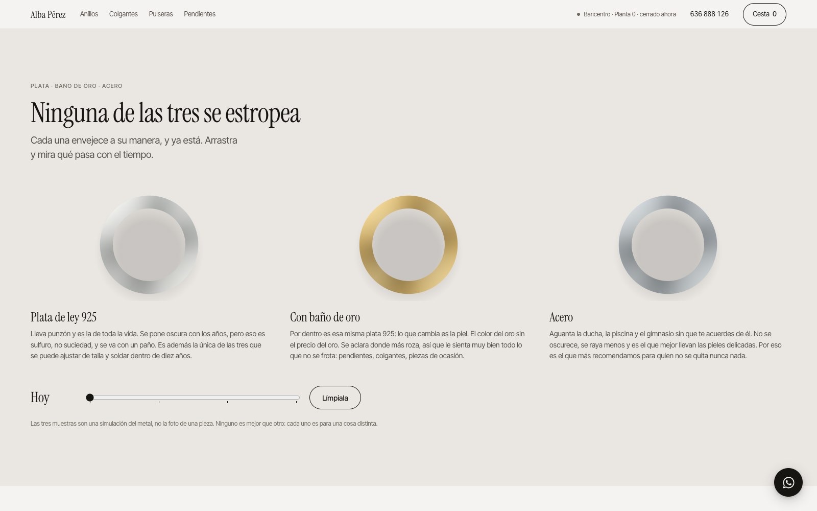 Sección interactiva: comparador de plata, baño de oro y acero con simulación de envejecimiento arrastrable