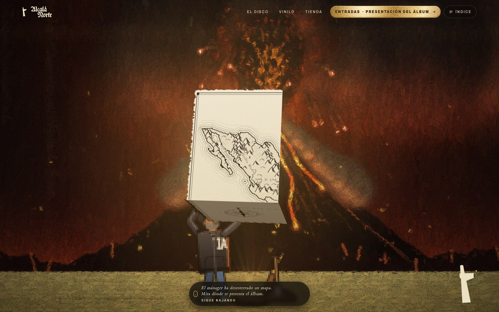 El mánager del grupo, en pixel art, saca de un cofre enterrado el mapa de la presentación del álbum, que se despliega en 3D