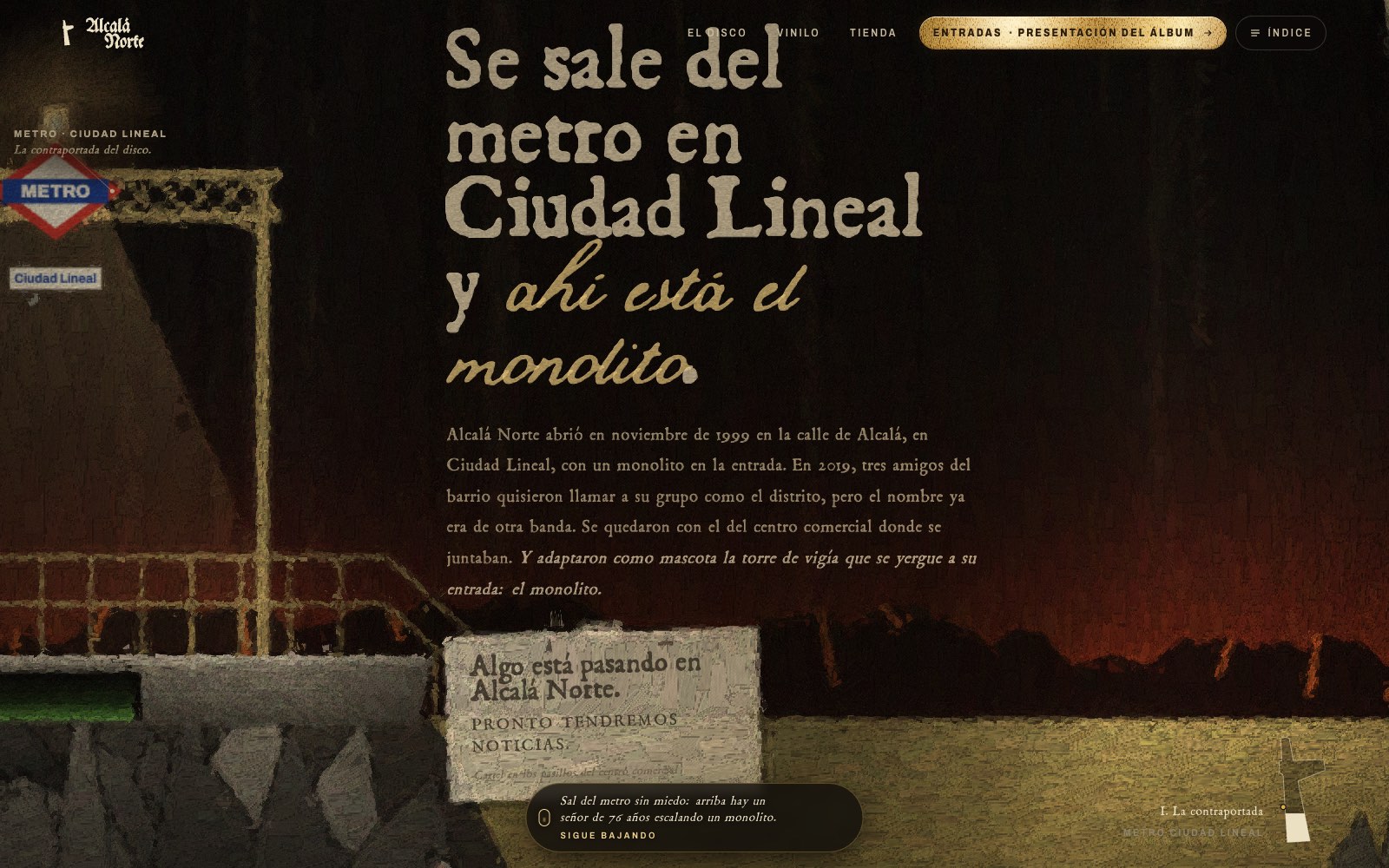 Capítulo I: la boca de metro de Ciudad Lineal de noche, con su farol, y el texto pintado sobre el cuadro