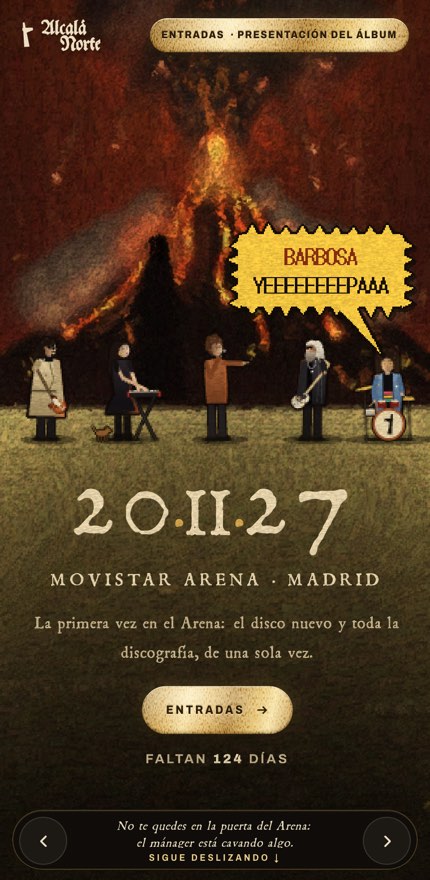 El Arena en el móvil: la banda en pixel art al pie del volcán y el cantante saludando al público