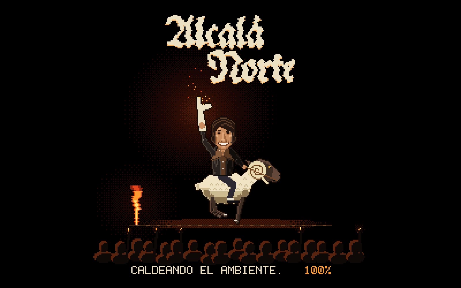 Pantalla de carga en pixel art: El Fary a lomos de un carnero levanta el monolito ante un público con mecheros
