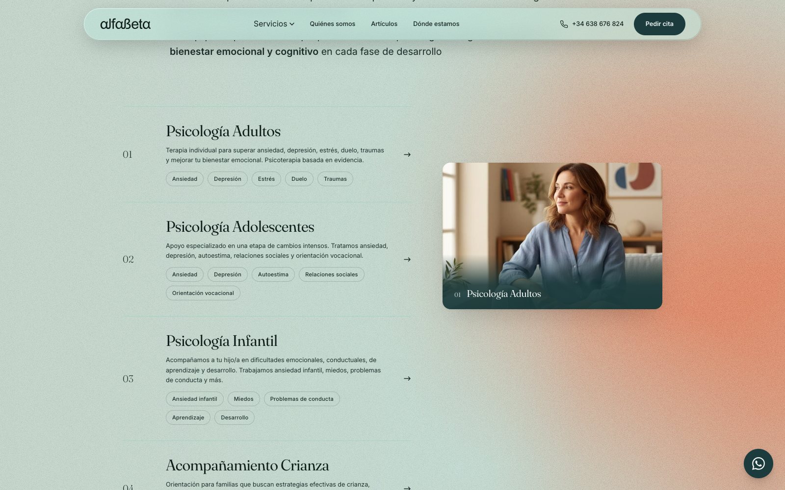 Lista de áreas —Psicología Adultos, Adolescentes, Infantil, Acompañamiento Crianza— con sus motivos de consulta como etiquetas, y a la derecha el visor con la imagen del área seleccionada