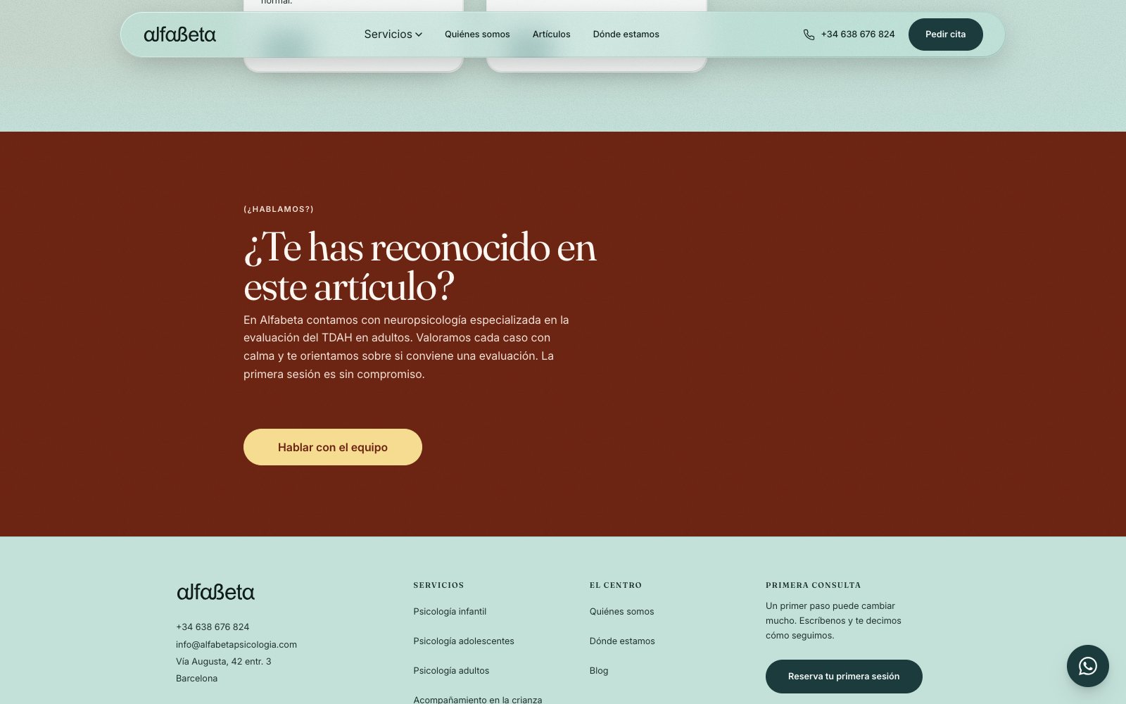 Final de un artículo del blog sobre TDAH en adultos: bloque granate «¿Te has reconocido en este artículo?» con la invitación a hablar con el equipo