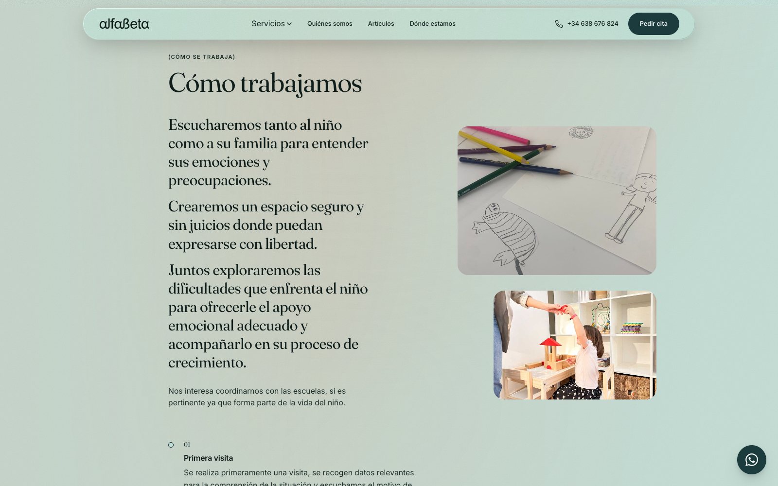 Sección «Cómo trabajamos» de psicología infantil, con la fotografía de dibujos infantiles y lápices de colores y otra de una sesión de juego