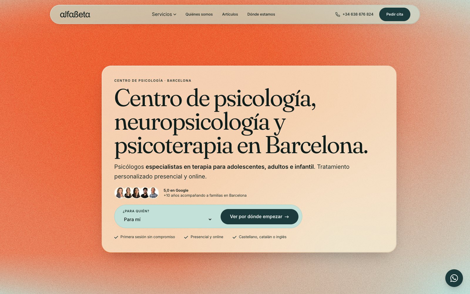 Portada de Alfabeta: degradado de naranja a menta con grano detrás de un panel de vidrio crema con el titular «Centro de psicología, neuropsicología y psicoterapia en Barcelona» y el selector «¿Para quién?»