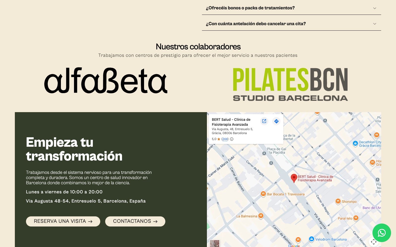 Colaboradores de Bert Salud, entre ellos Alfabeta Psicología, y bloque de contacto con mapa