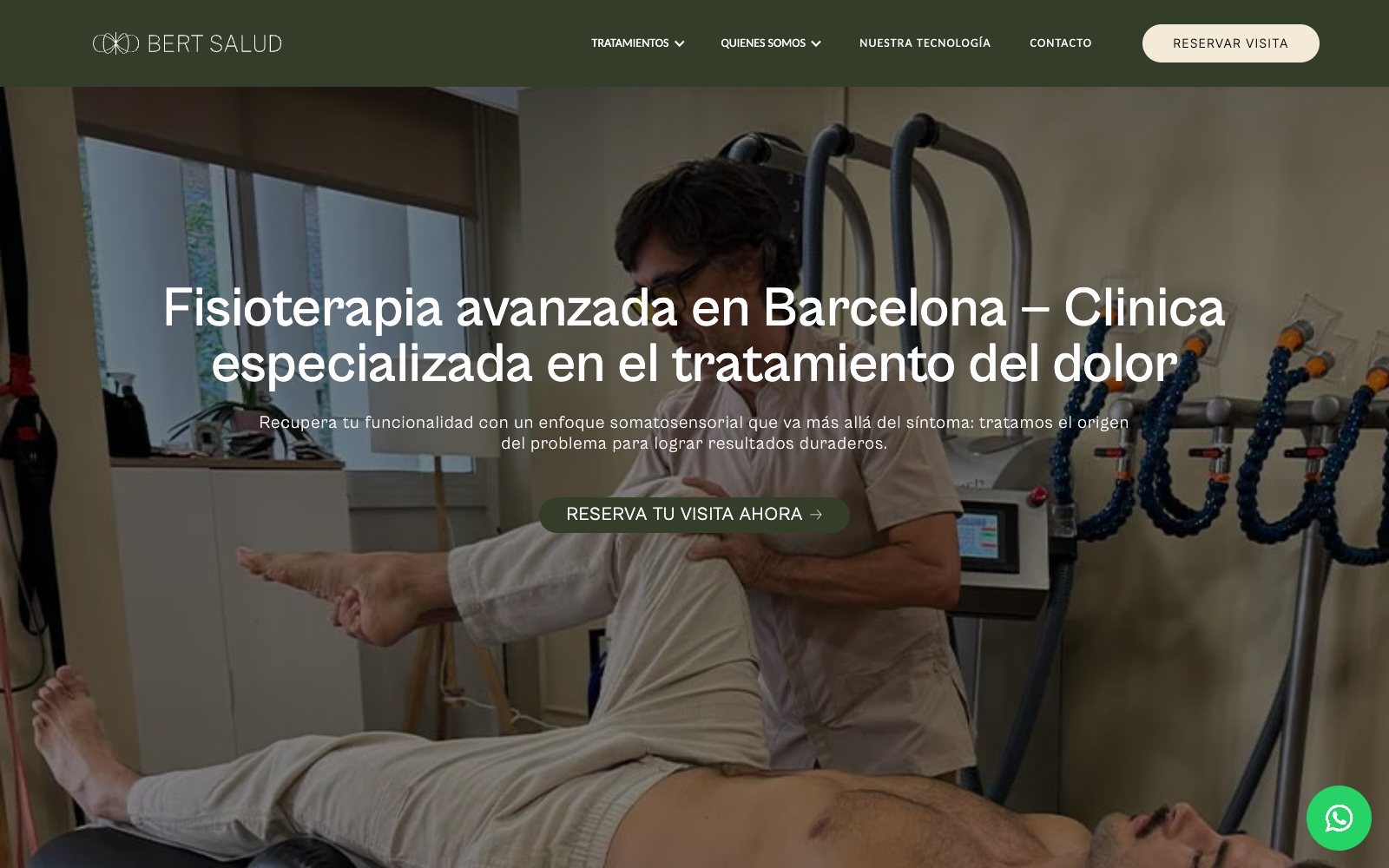 Página de fisioterapia de Bert Salud con un paciente en camilla y el titular «Fisioterapia avanzada en Barcelona»