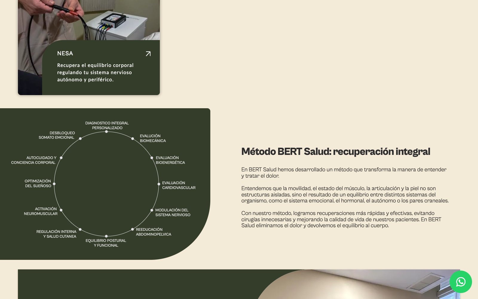 Sección «Método BERT Salud: recuperación integral» con un esquema circular de once nodos sobre fondo crema