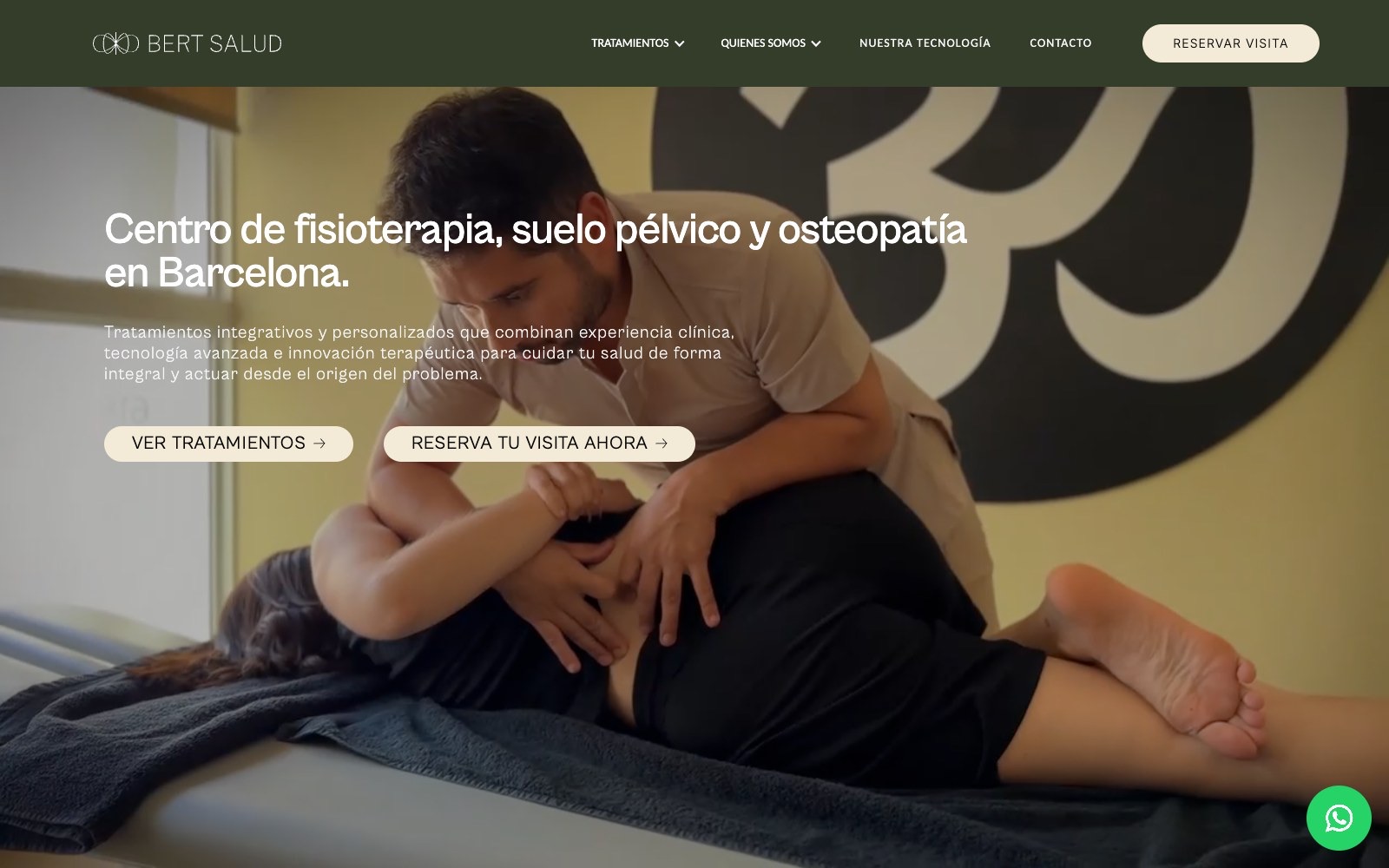 Portada de Bert Salud: un fisioterapeuta trabaja sobre una paciente bajo el titular «Centro de fisioterapia, suelo pélvico y osteopatía en Barcelona»