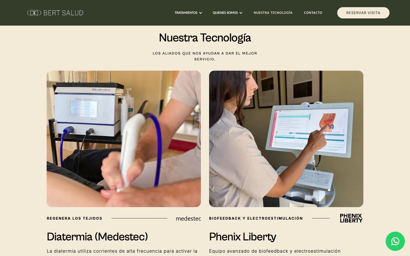 Página «Nuestra tecnología» con diatermia Medestec y Phenix Liberty sobre fondo crema