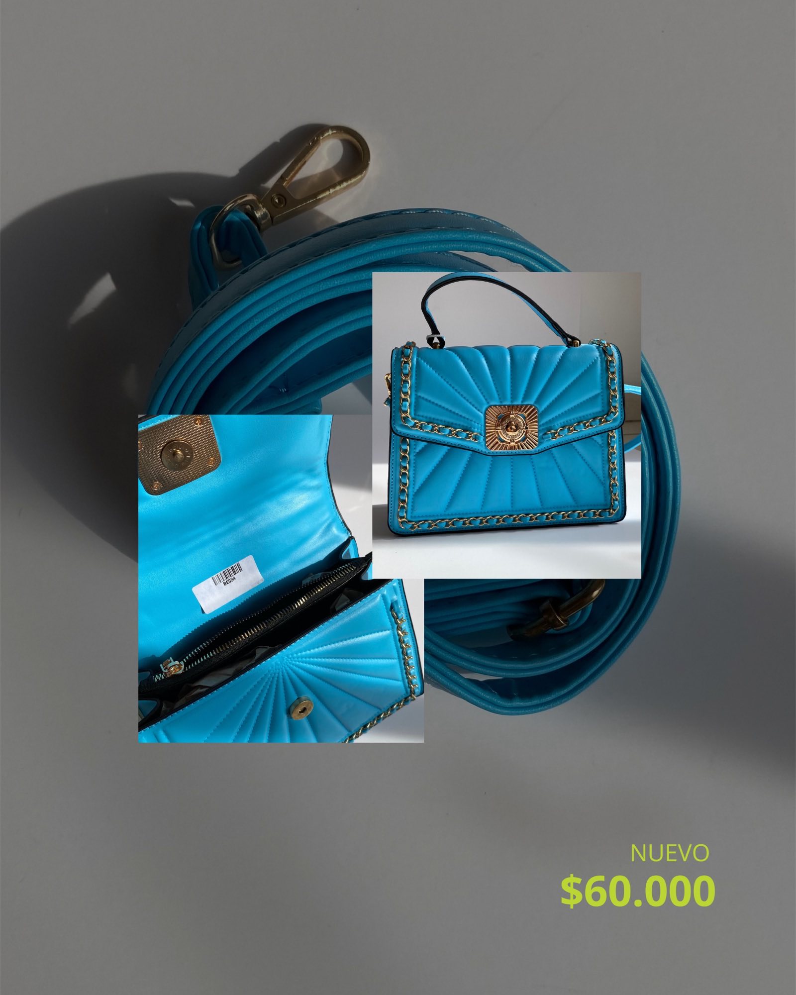 Bolso azul nuevo con fotos de detalle y el precio en verde lima