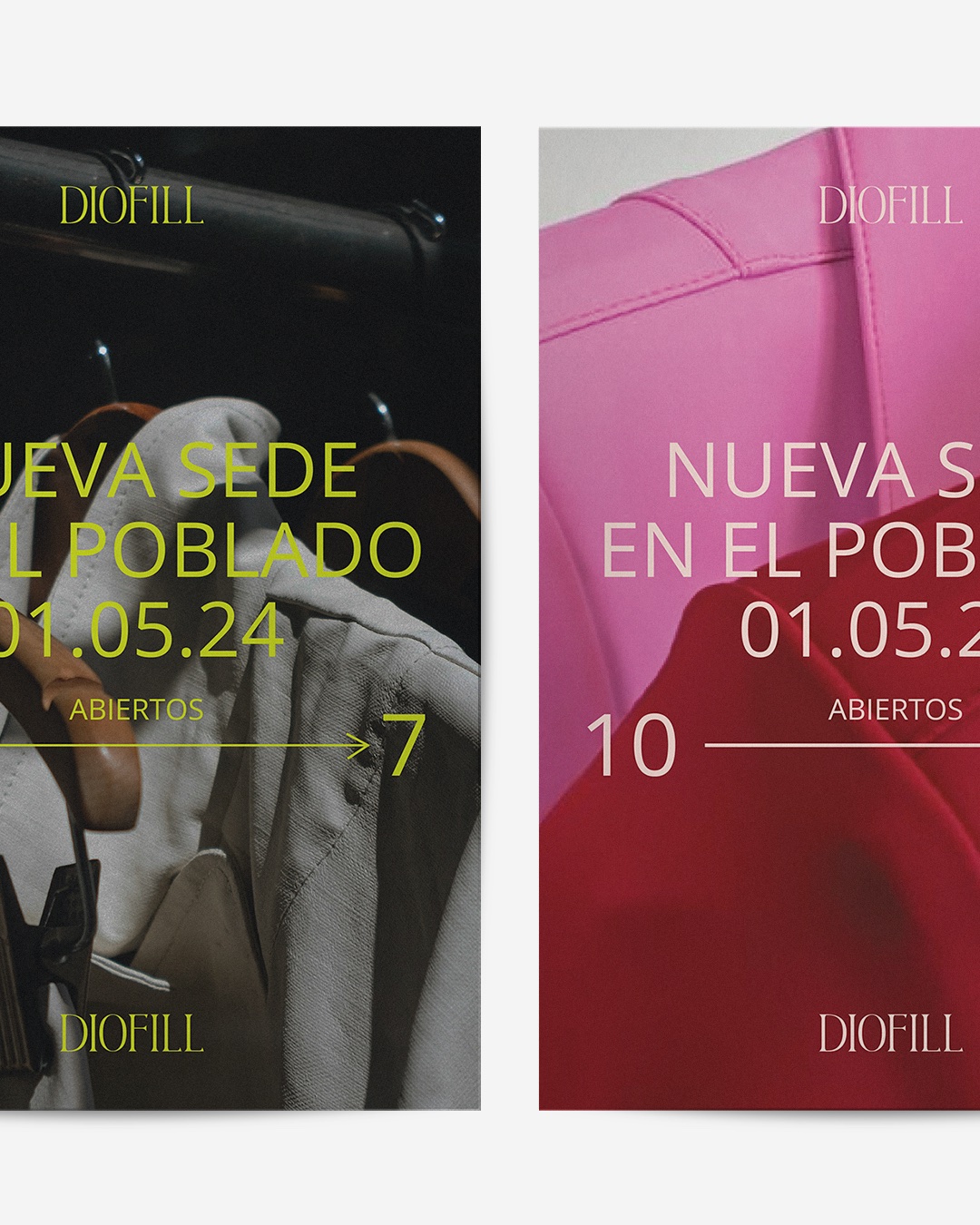 Dos carteles de Diofill que anuncian la nueva sede en El Poblado el 01.05.24