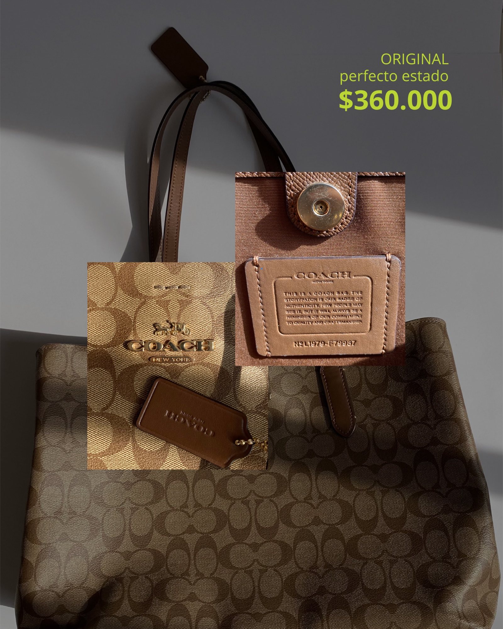 Bolso de segunda mano con fotos de detalle y el precio en verde lima