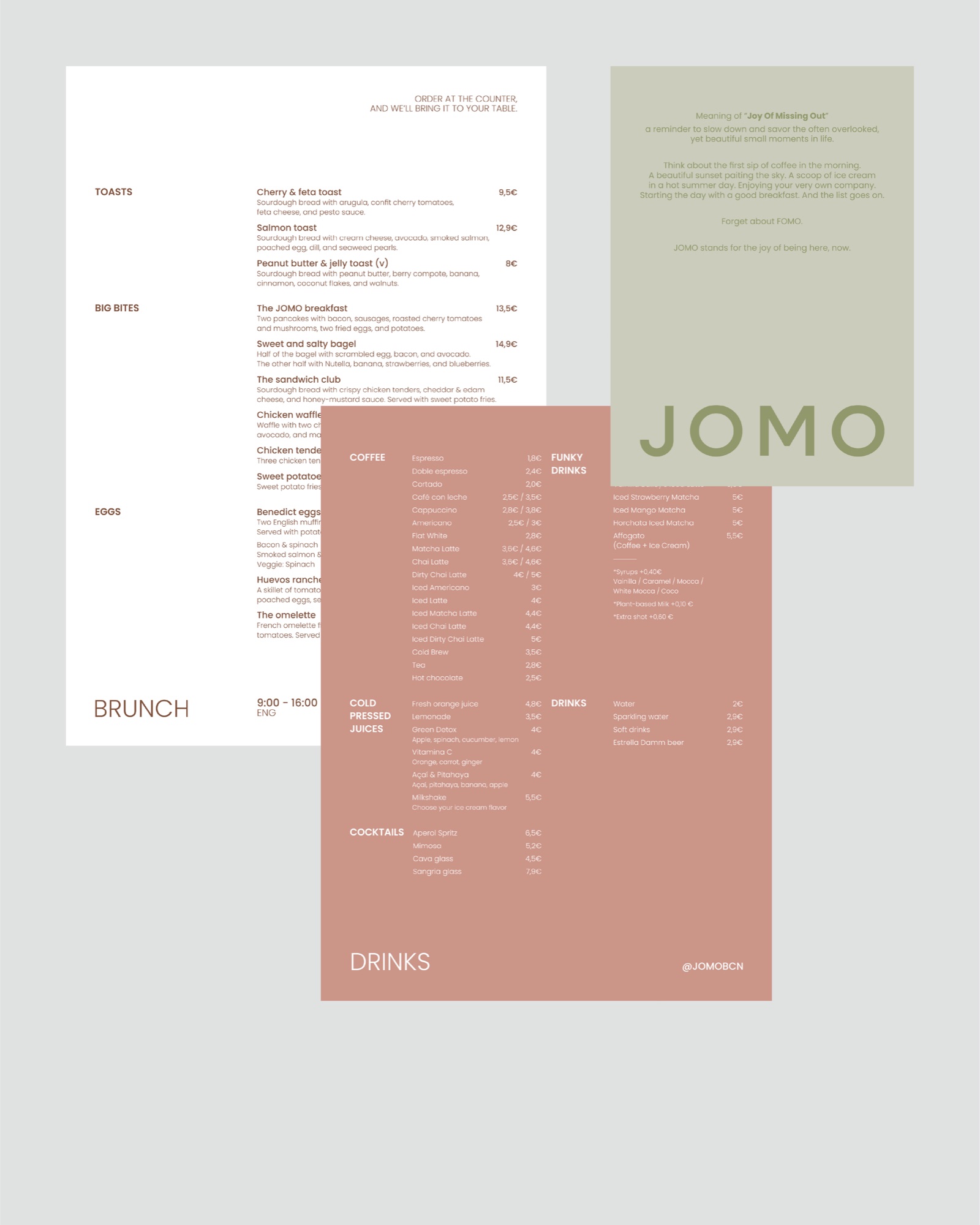Las tres cartas de JOMO: brunch en blanco, bebidas en terracota y el manifiesto en salvia