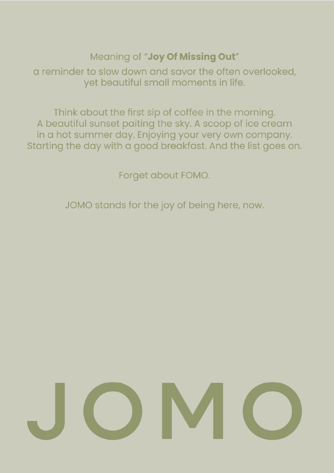 Carta en verde salvia con el significado de JOMO y el logotipo grande