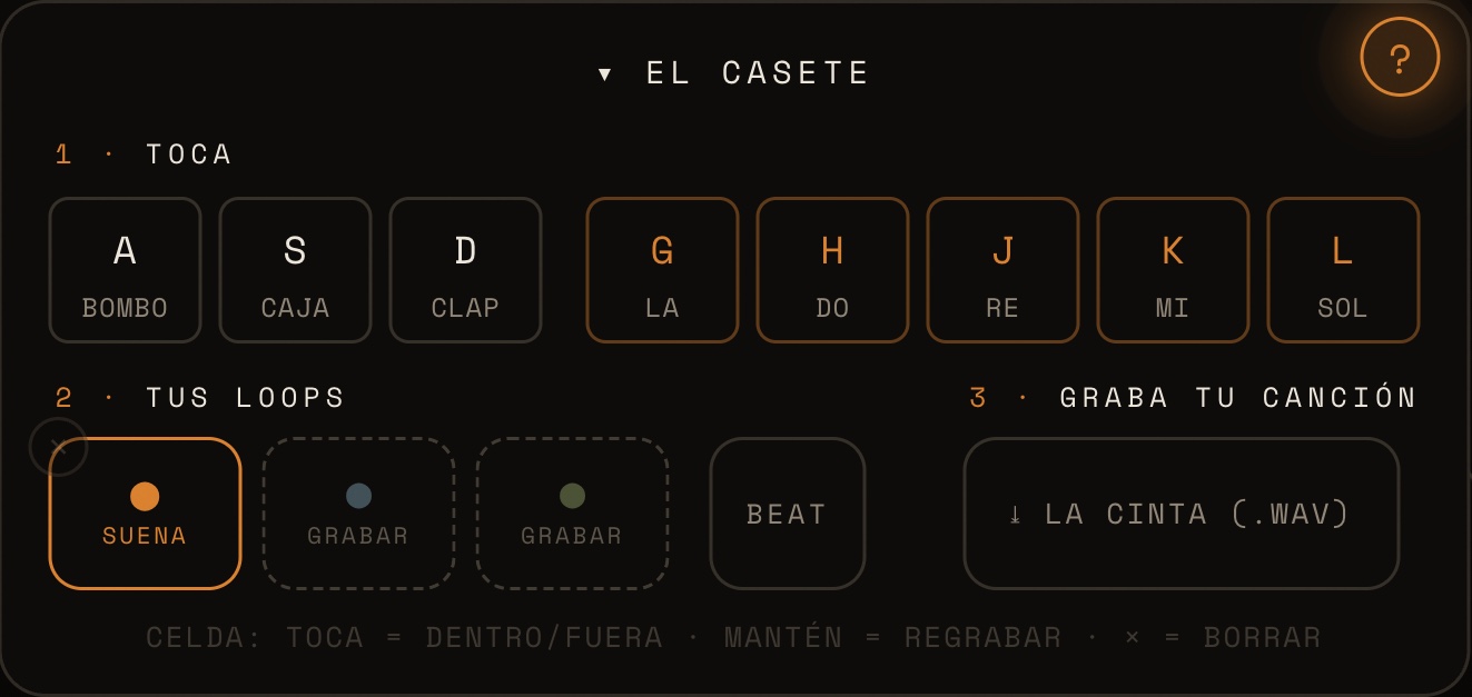 El casete de la web de Kase.O: ocho teclas (bombo, caja, clap y las notas la, do, re, mi, sol), tres huecos de bucle con el primero grabado y sonando, el botón de la base y el botón de descarga de la cinta en WAV