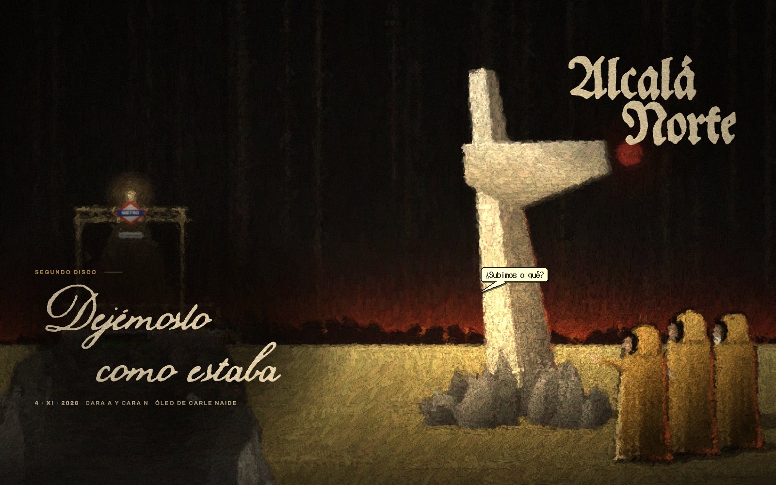 Portada de la web de Alcalá Norte: el monolito pintado al óleo y el rótulo gótico